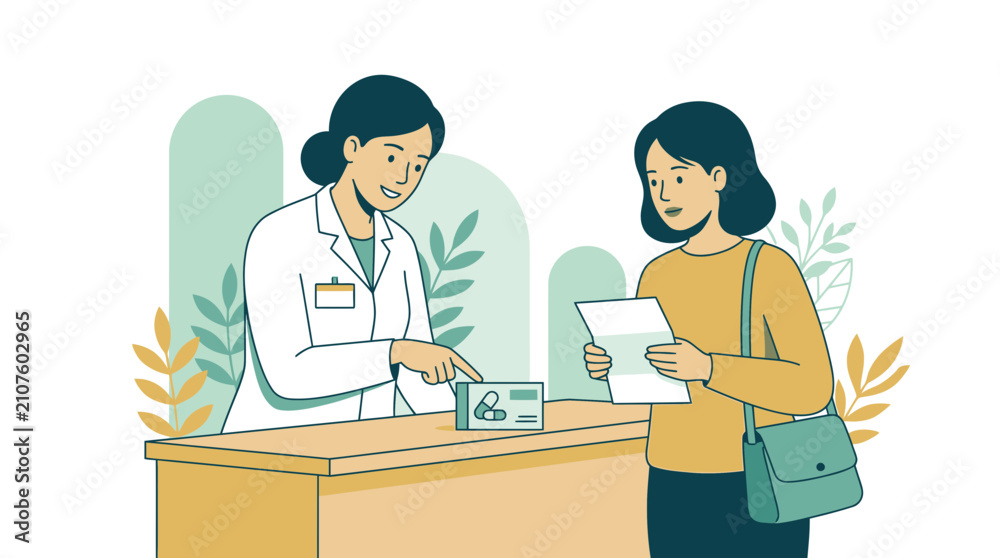 Fototapeta premium Pharmacist Counseling Customer at Pharmacy Counter with Prescription and Medication