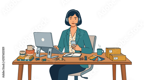 A professional woman manages her small business from a cluttered desk while wearing a headset and multitasking with her laptop and phone.
