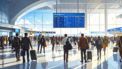 Modern airport terminal interior with passengers and departure board displaying flight information