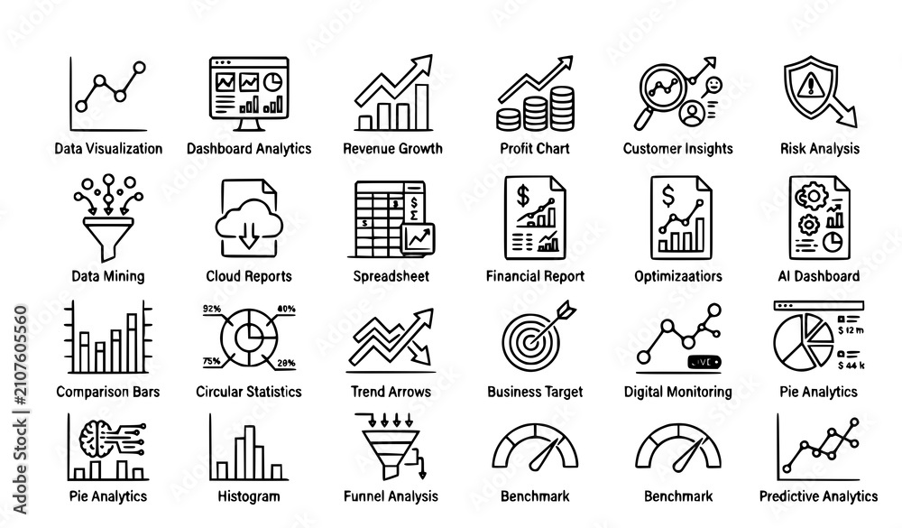 Obraz premium Title: Business Intelligence and Data Analytics Outline Icons Collection Premium Stroke Vector Set