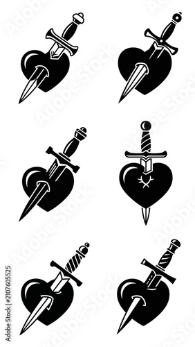 Set of Black Heart and Dagger Tattoos - Vintage Style Icons