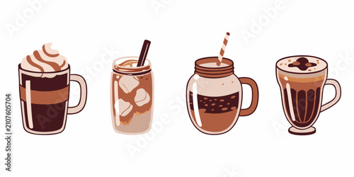 Cuadro en lienzo Four Hand drawn Illustrations Of Coffee Drinks In Various Glasses Vector Style c