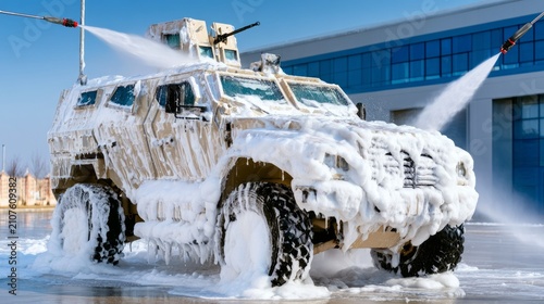 Heavy Armor Vehicle Being Cleaned in Industrial Setting with Foam and Water Spray
