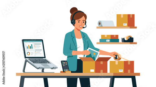 A woman entrepreneur wearing a headset packs shipping boxes and manages her online store using a laptop with business analytics on the screen.