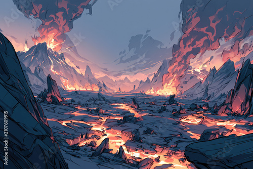 Erupting Volcano and Lava River Through Rocky Canyon Background
