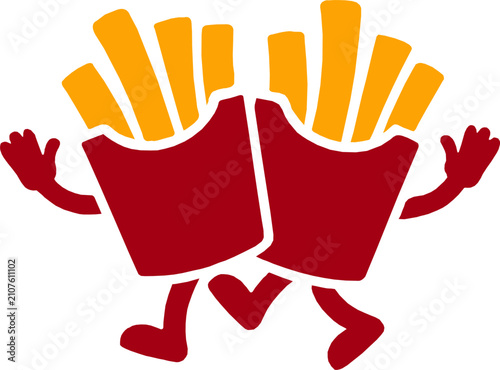Cartoon french fries character running with arms raised