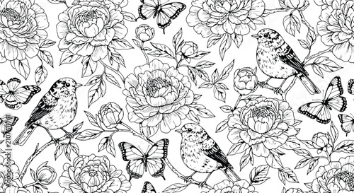 ENGRAVING VINTAGE floral pattern with birds and butterflies in delicate linework on white background