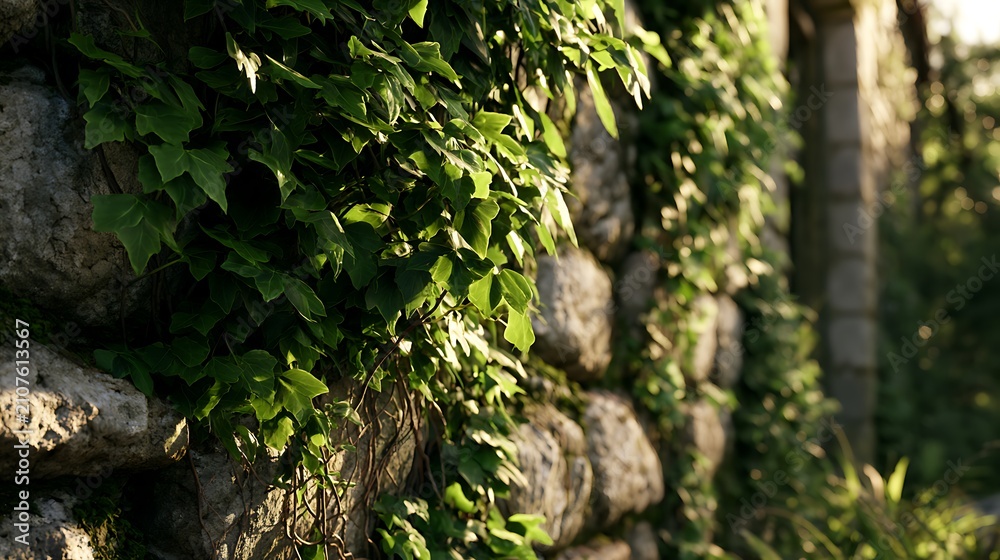 Fototapeta premium Stone wall covered in lush green climbing ivy leaves.