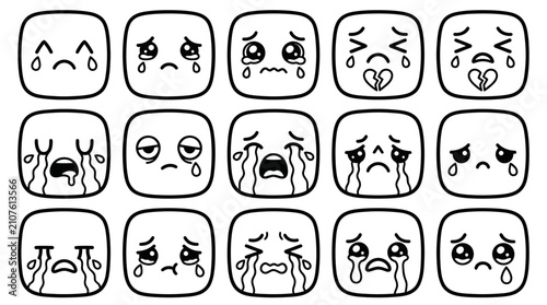 Quadro su tela Set of sad and crying square face emoji icons.