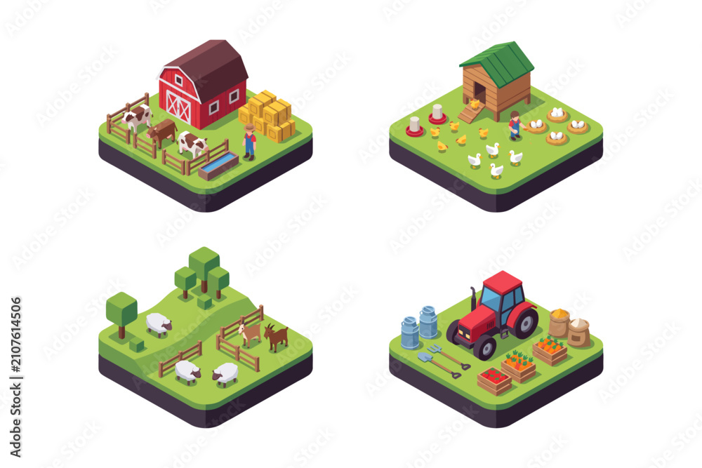 Naklejka premium Isometric Farm Collection A Vibrant Set of Agricultural Elements for Digital Design and Game Development Assets