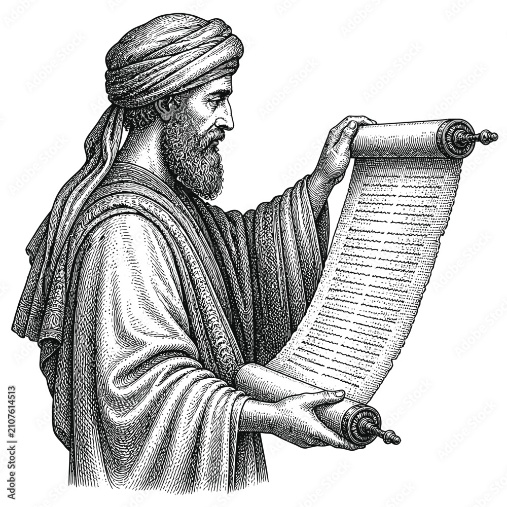 Obraz premium Vintage engraving of an ancient scholar reading a long parchment scroll.