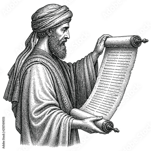Vintage engraving of an ancient scholar reading a long parchment scroll.