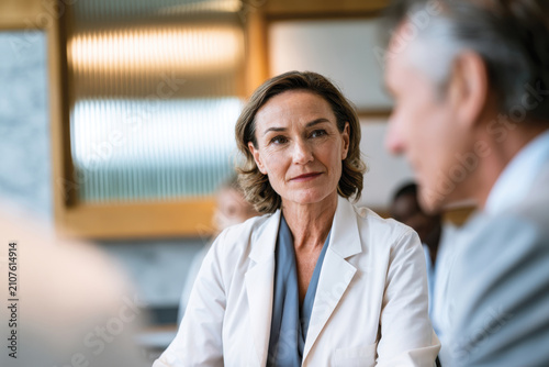 A medical expert pays attention during a meeting, symbolizing effective communication and emotional engagement in a healthcare environment for stock photography.