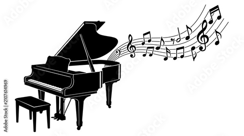 Elegant black grand piano with musical notes flowing in artistic design