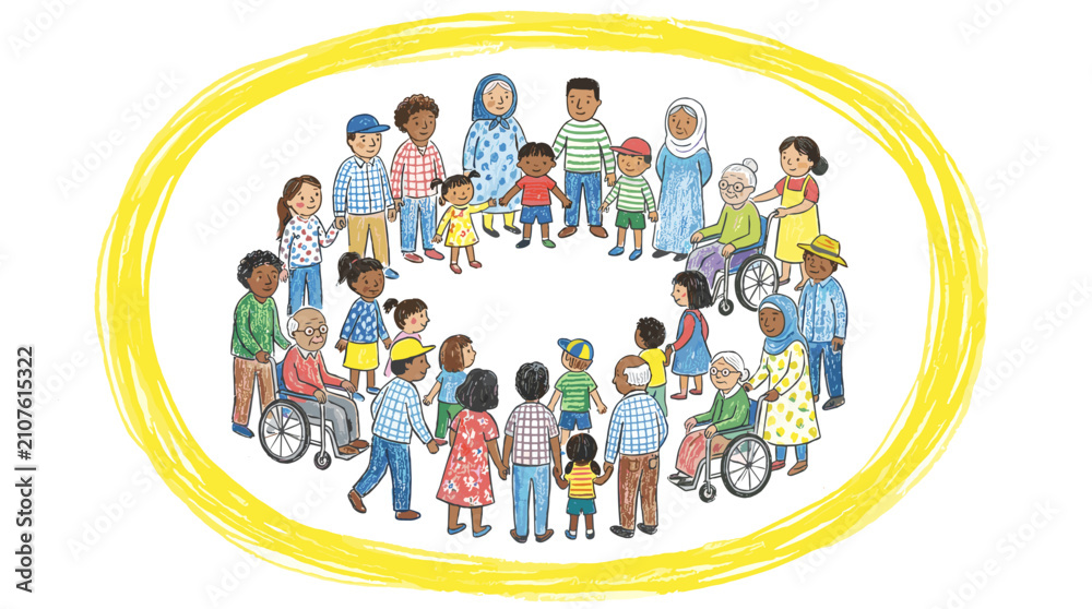 Fototapeta premium A colorful hand drawn illustration of diverse people in a circle together