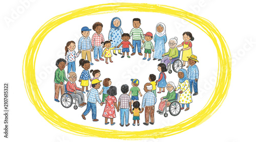 A colorful hand drawn illustration of diverse people in a circle together