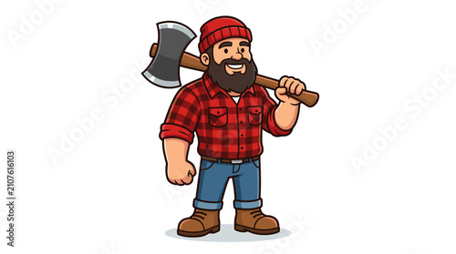 Cartoon lumberjack character with axe in plaid shirt with holding axe wearing
