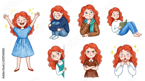 Expressions of a young girl joy sadness contemplation with showcases series illustrations
