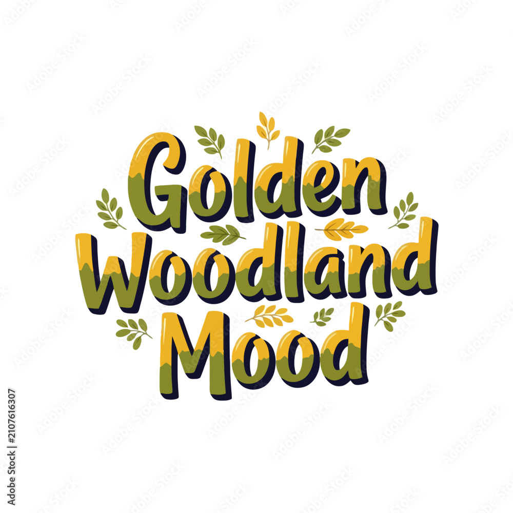 Obraz premium Golden Woodland Mood typography design with decorative natural leaves and forest themed lettering for creative seasonal greeting cards and autumn nature inspired projects for print and digital