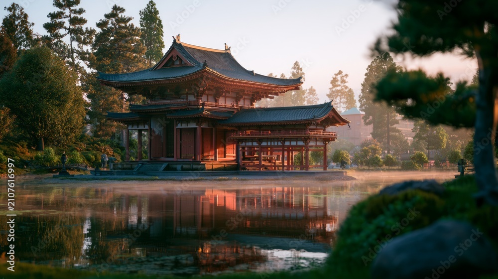 Fototapeta premium Elegant Traditional Architecture Reflected in Calm Water, Surrounded by Lush Greenery and Serenity