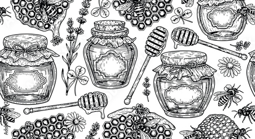 Vintage engraving of honey jars and bees with honeycomb elements for artisanal food packaging