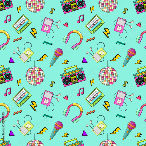 Bild auf Leinwand 90s Retro Music Audio Party Seamless Pattern