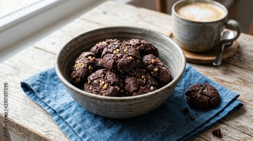 Delicious homemade chocolate cookies with nuts in a ceramic bowl on a blue napkin on a rustic wooden table with a hot latte coffee in the background, showcasing a cozy snack time scene for food blogs.