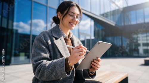Smiling Young Woman Using Digital Tablet Outdoors in Modern City Setting.