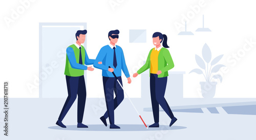 Blind man guided by two people indoors.