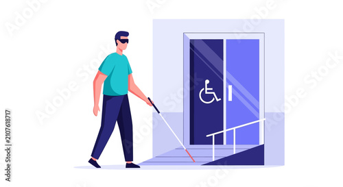 Blind Man Using White Cane Approaches Accessible Entrance with Wheelchair Symbol.