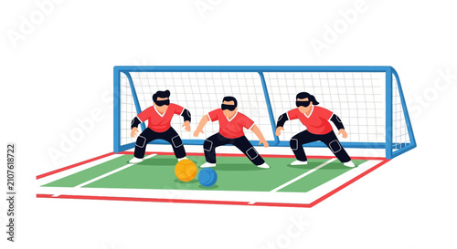 Blind Football Players Competing in a Goal.