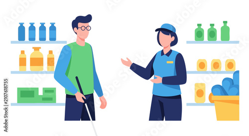 Blind man receiving assistance from store employee in a supermarket.