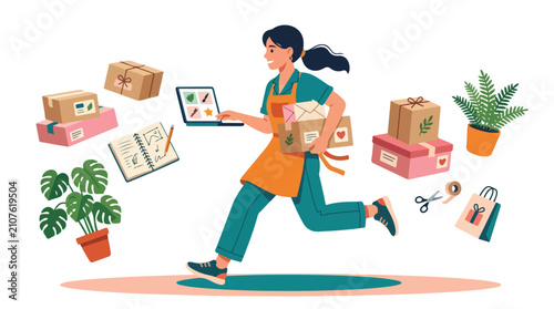 A female small business owner energetically runs while juggling packages and her laptop amidst floating icons representing her busy workflow.