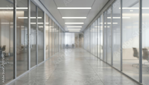 Fully blurred office corridor featuring glass walls, polished floors and elegant lighting. Premium corporate background offering clean copy space for presentations, branding and commercial marketing.