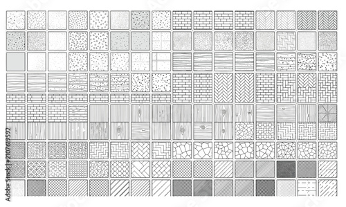 Minimalist geometric pattern swatches, large collection of black and white vector textures, architectural hatch symbols and seamless tile set