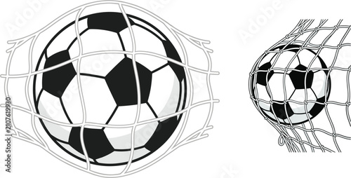 Foto Black and white soccer ball hitting goal net set illustration with different vie
