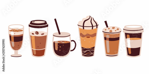 Fotografie Various coffee beverages in hand drawn vector illustrations against a white back