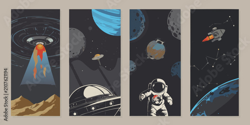 Photos Retro Space Exploration Vector Illustrations Planets Astronauts And Flying Sauce