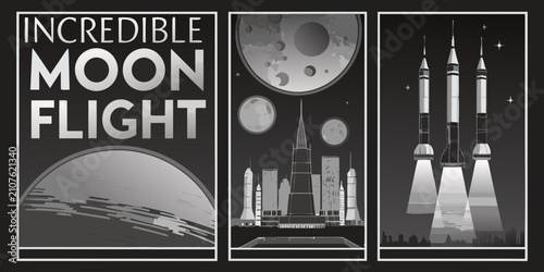 Photos Vintage style space travel poster set with moon launchpad and rocket silhouettes