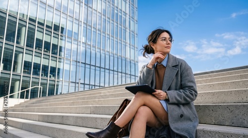 Young Woman Resting on Modern City Stairs with Digital Tablet.