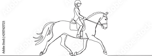 Fotografia One line drawing of beautiful female rider on an elegant horse at a trot, depicting the graceful partnership, skill, and deep connection