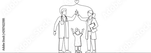 Fotografi Single continuous line drawing group of male doctor and female doctor celebrate their success cure patient at hospital