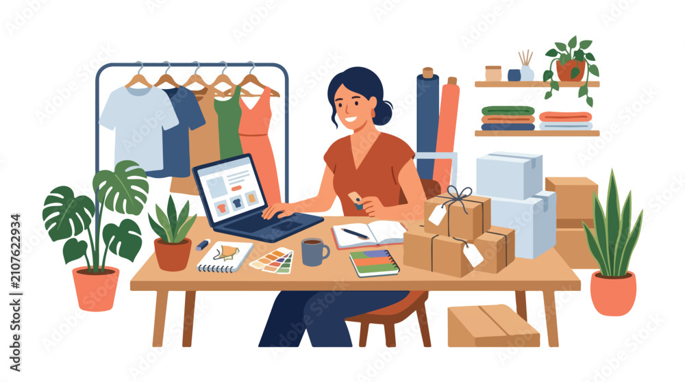 Fototapeta premium A woman manages her online clothing boutique from a desk filled with packages, fabric rolls, and a clothing rack in the background.