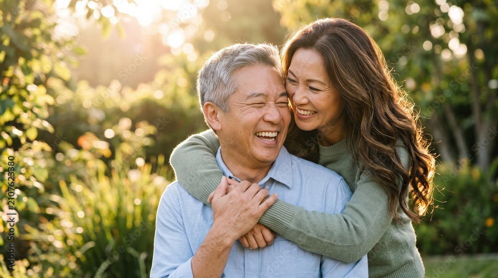 Fototapeta premium Happy Mature Couple Embracing Joyfully Outdoors in Sunlight