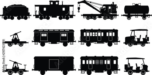 Canvas Print Railway Rolling Stock Silhouette Collection with Freight Cars Passenger Coaches