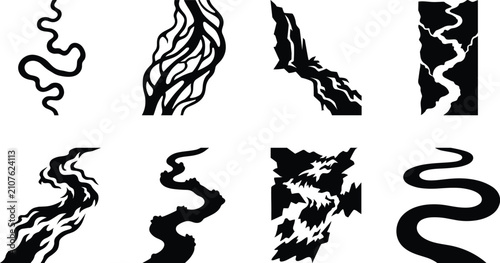 Foto River silhouette vector set showing map icons water streams and winding channels