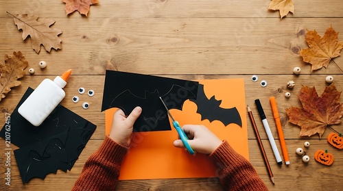 Top view of child hands cutting black paper bat with copy space on wooden table for Halloween craft
