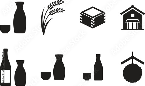 Traditional japanese sake drink related black silhouette icons set vector design illustration on white background.