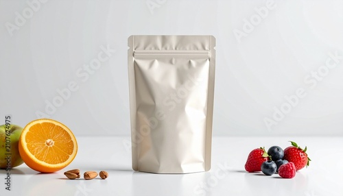 Realistic Blank White Baby Food Puree Pouch Mockup Surrounded by Fresh Organic Fruits on White Background