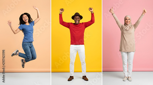Three diverse people jumping and celebrating with arms raised in joy diversity celebration